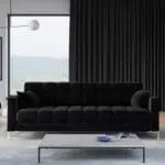 كنبة ثلاث مقاعد مخمل وخشب سويدي - أسود