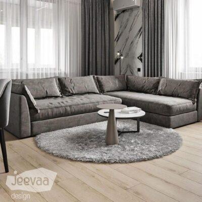 كنب زاويه ارم, مودرن رصاصي بخامة كتان, متين ومساحة واسعة للجلوس،