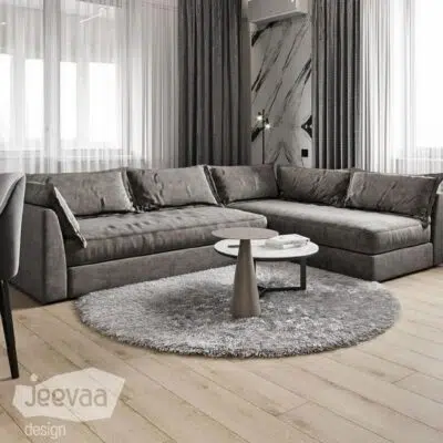 كنب زاويه ارم, مودرن رصاصي بخامة كتان, متين ومساحة واسعة للجلوس،