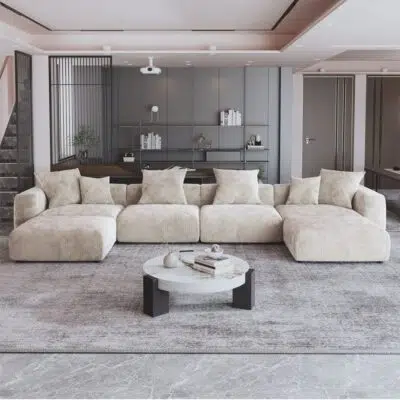 كنب زاوية ثاري كتان مخمل شكل حرف U، يجمع بين الفخامة والراحة، تصميم واسع يناسب الأجواء المنزلية