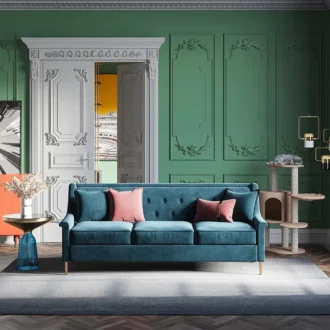 كنبة بلون أزرق غامق، تنجيد فخم، قاعدة ثابتة، نمط عصري.