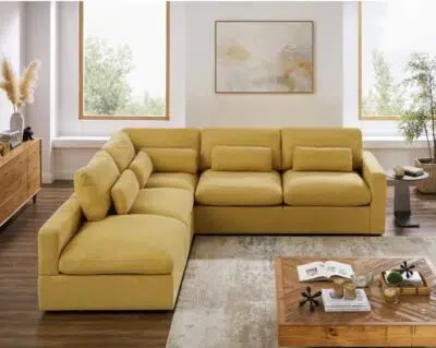 كنب زاوية بالوان تريندي، خامة فاخرة، دعم مريح، ذوق عصري.