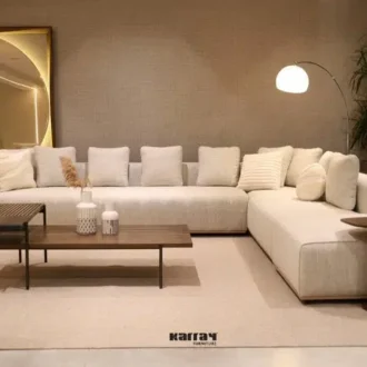 كنب زاوية جوان لون بيج قماش فاخر ناعم, يمنح غرفة المعيشة راحة مثالية ولمسة أنيقة،