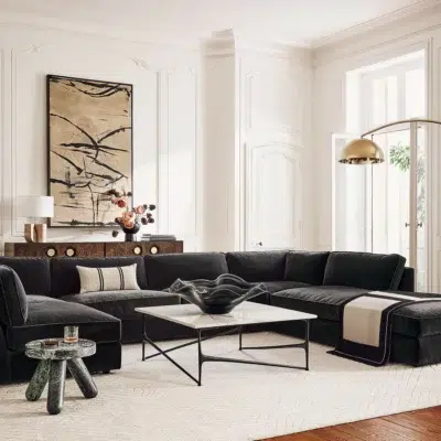 كنبة زاوية ماليا 4 قطع حرف L, تصميم عصري وفخم ولون رمادي